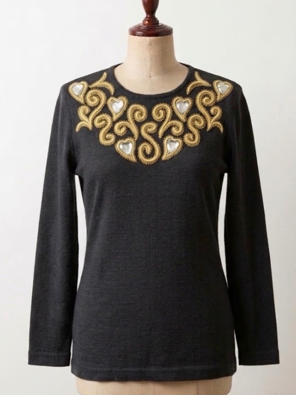 Vintage Gold Embroidered Heart Rhinestone Bib Black Sweater Outlander Coquette M